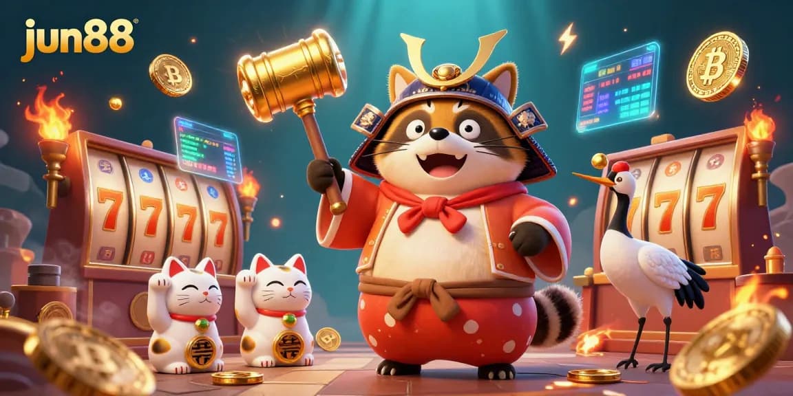 Experience vibrant celebrations at jun88 with a joyful tanuki, lucky cat companions, and dynamic gambling elements.