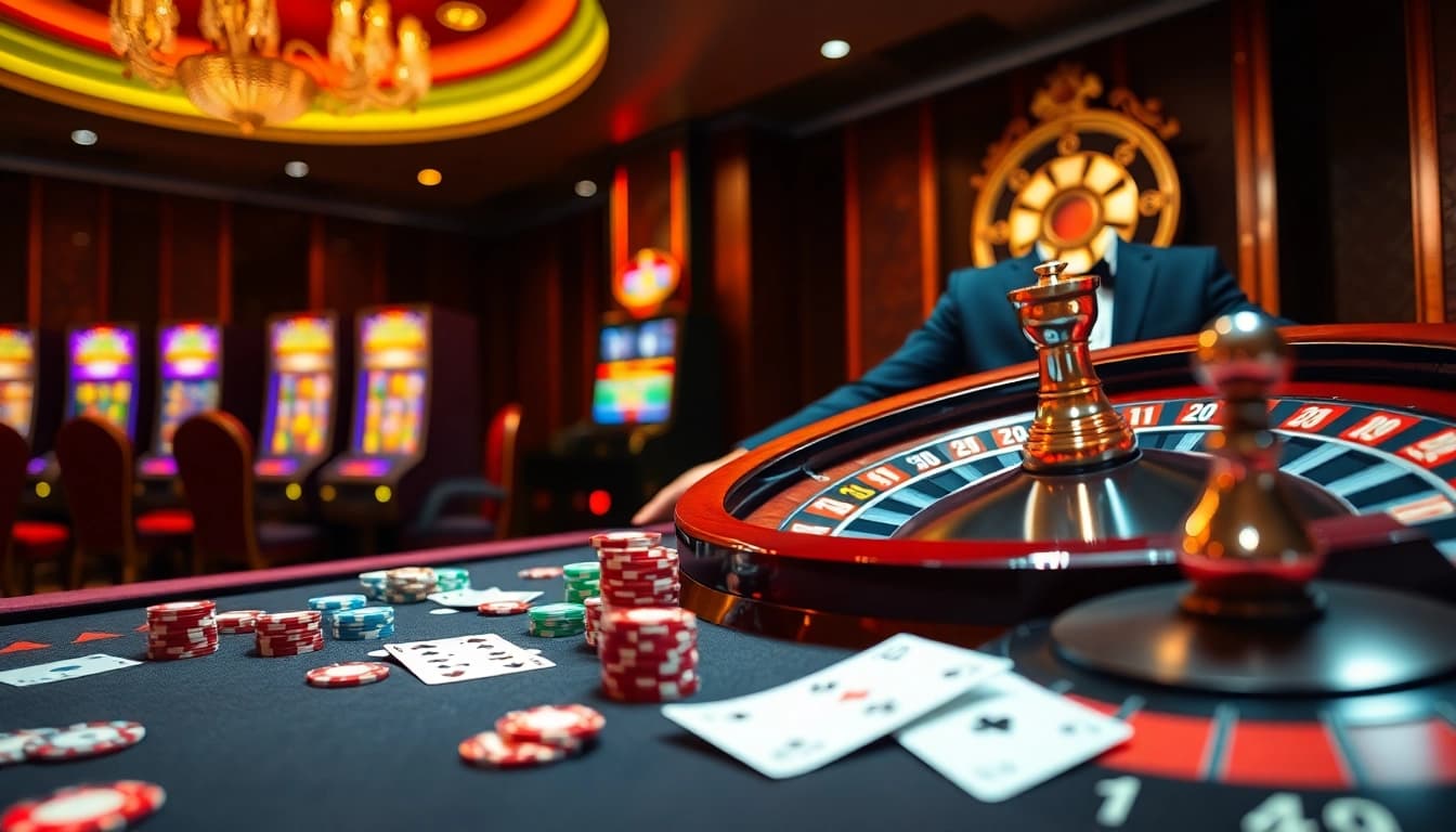 Engaging scene of an online casino at https://mb66-t.com/ with vibrant poker chips and a roulette wheel, showcasing excitement.