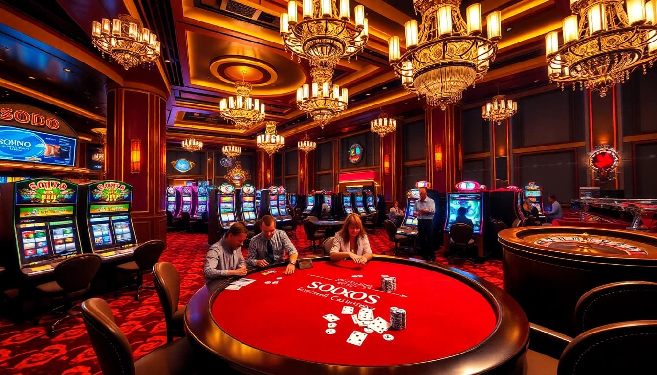 Experience the thrill of SODO CASINO with vibrant games and luxurious decor in this casino visual.