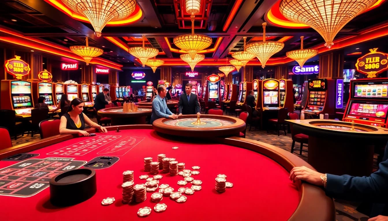 MM88 casino scene with vibrant tables, engaged players, and luxurious slot machines lighting.