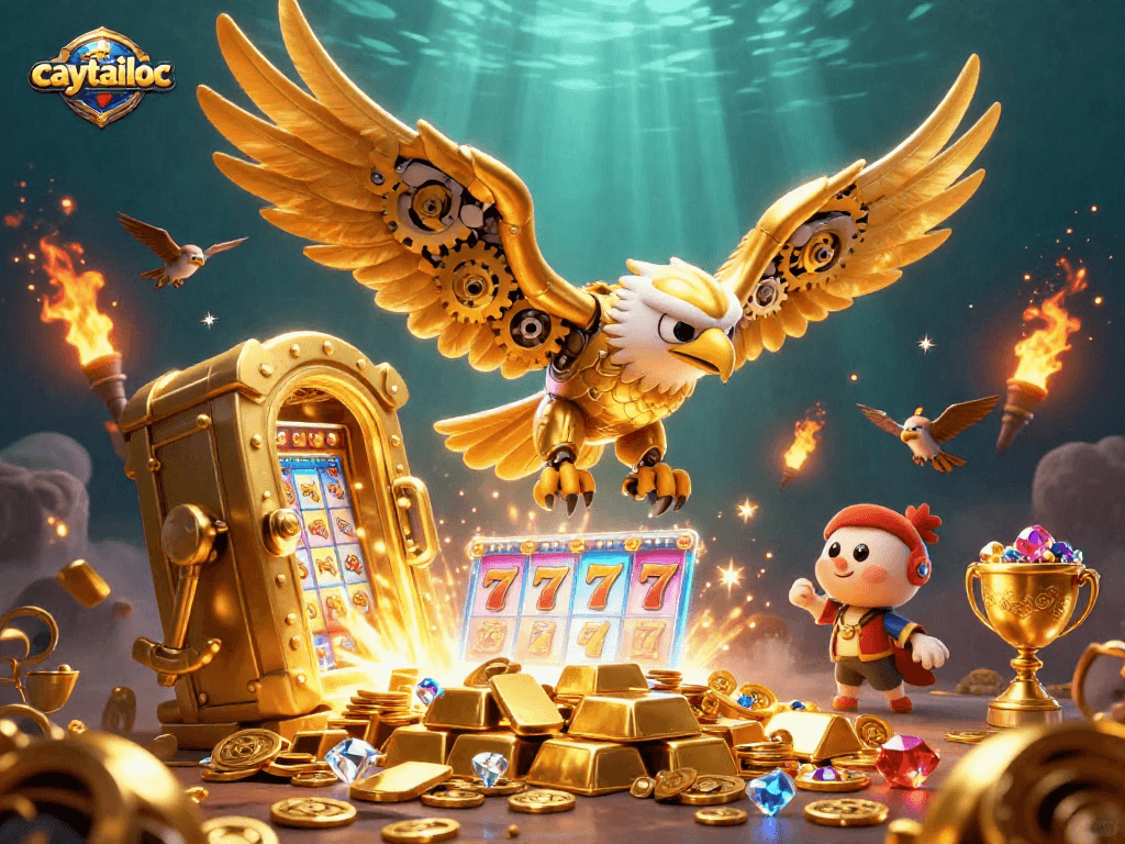Caytailoc casino game features vibrant slot reels and a golden eagle diving for big jackpots.