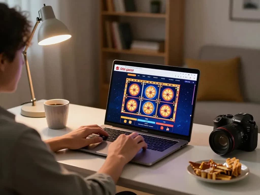 Berinteraksi dengan situs slot gacor di laptop di rumah, menampilkan pengaturan permainan interaktif dengan sentuhan pribadi yang nyaman