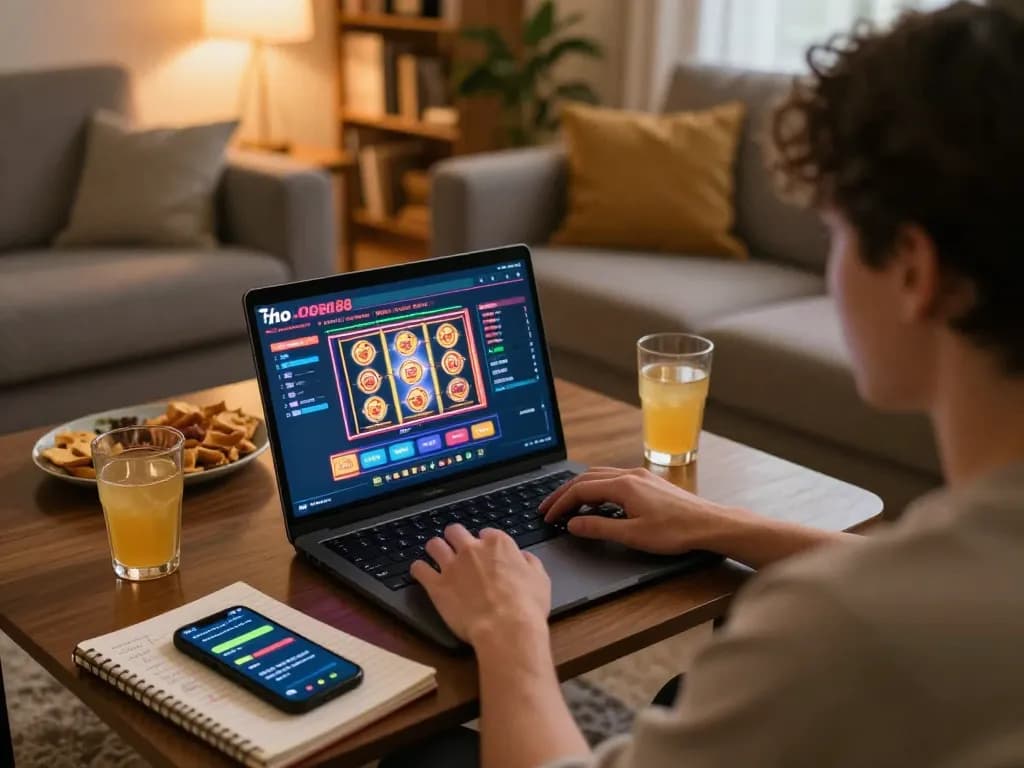 Engaging with open88 online casino on laptop, displaying vibrant slot interface in cozy home scene