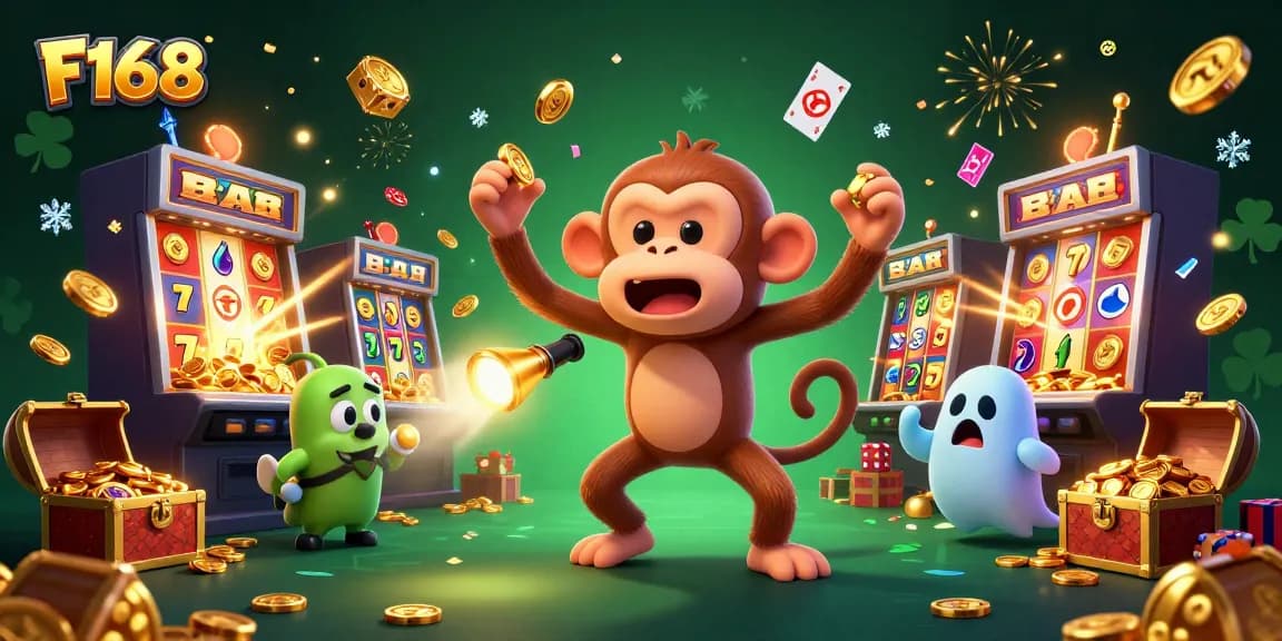 Engage in thrilling gameplay at F168 with an enchanting scene of a mischievous monkey juggling coins in a vibrant casino atmosphere.