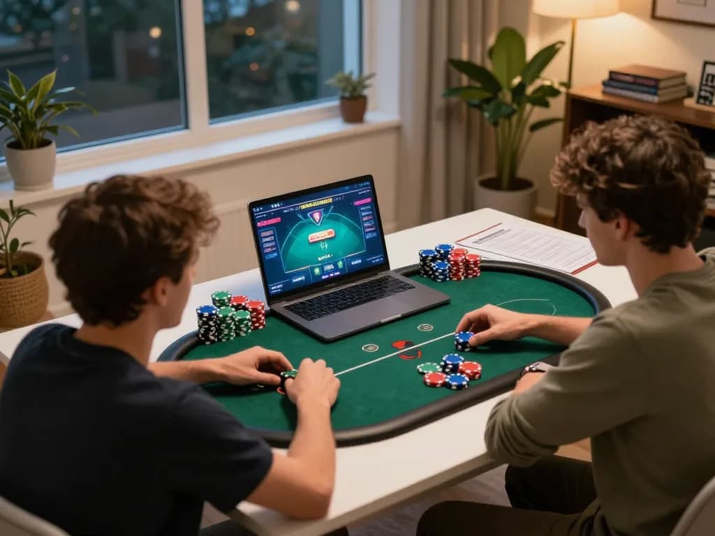 Engaged player strategizing in an online poker game on 99Win platform from home.