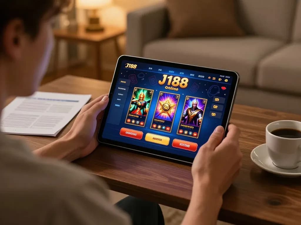 Player engaging with J188 online casino on tablet in a cozy gaming setup.