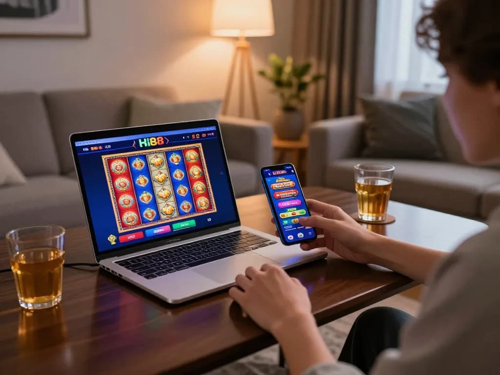 Person engaged in online gaming at Hi88, showcasing vibrant slot interface in a cozy living room.