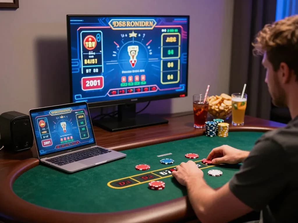 Player enjoying live dealer blackjack on a laptop at home, nk88 online gaming atmosphere