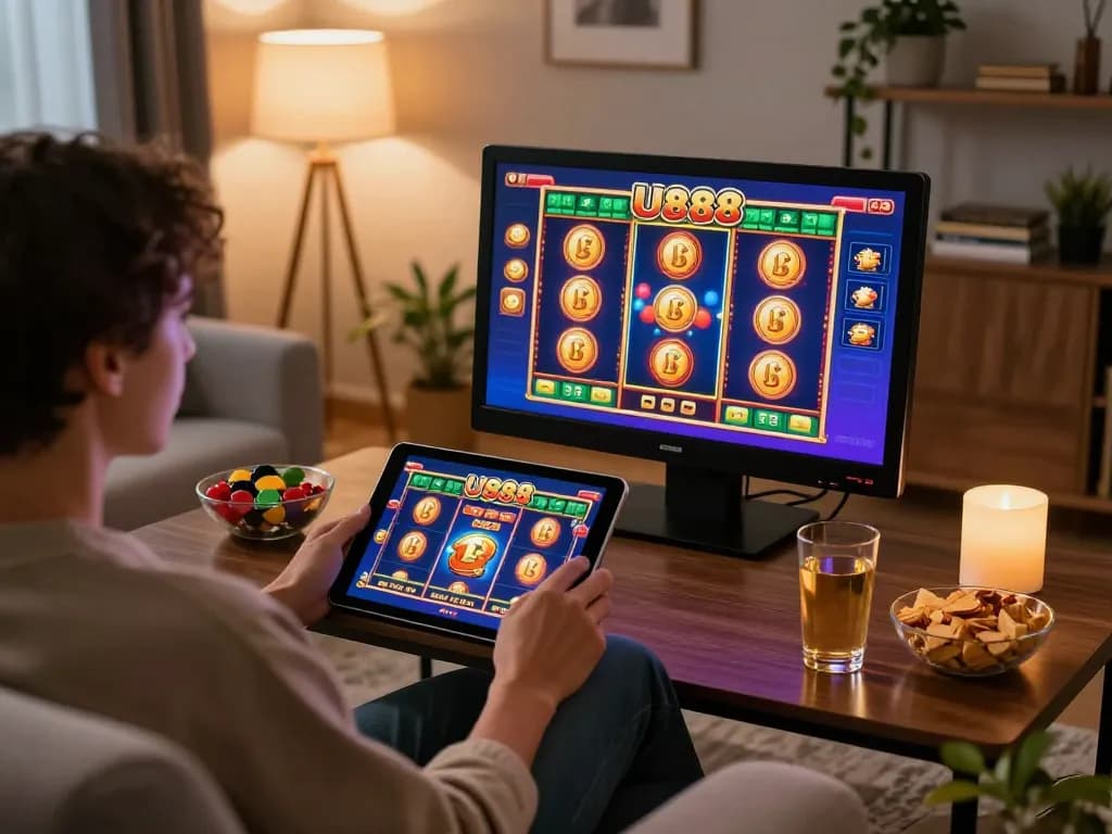 Engaged in U888 online gaming, a player uses a tablet in a cozy home setting while enjoying snacks and a drink.