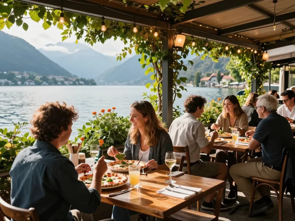 Guests dine at gattovolpelago lakeside pizzeria enjoying gourmet pizza in a warm, inviting atmosphere.