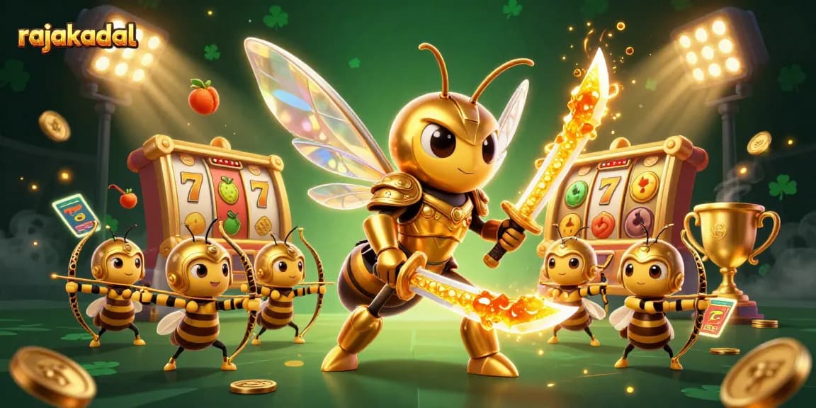 Permainan slot RAJAKADAL dengan simbol keberuntungan dan karakter kartun yang menarik di lingkungan kasino digital.