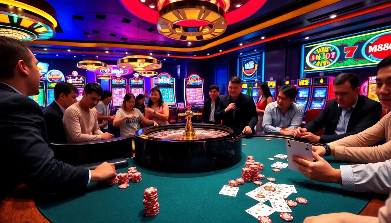 M88 players placing bets at a vibrant casino table, capturing excitement and luxury.