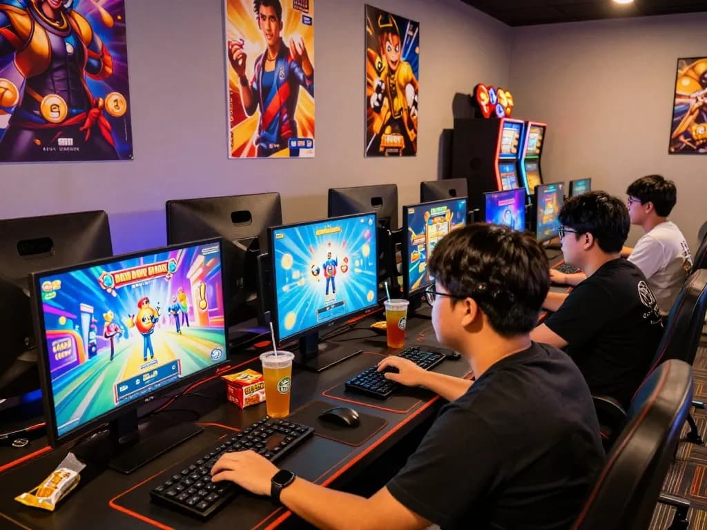 Adegan menarik pemain menikmati situs slot gacor dengan suasana permainan yang hidup dan animasi berwarna-warni.