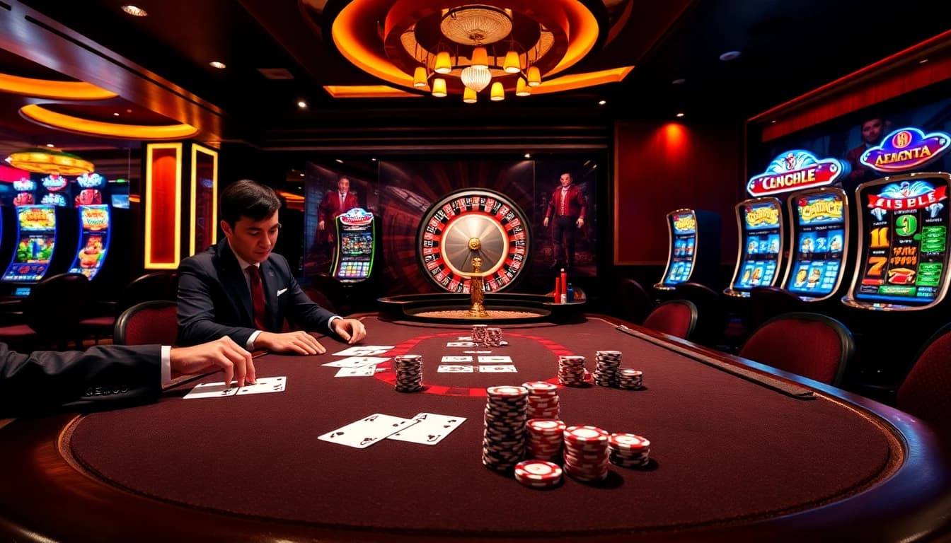 Experience exciting gameplay with lego138 at a luxurious casino setting featuring poker tables and roulette wheels.