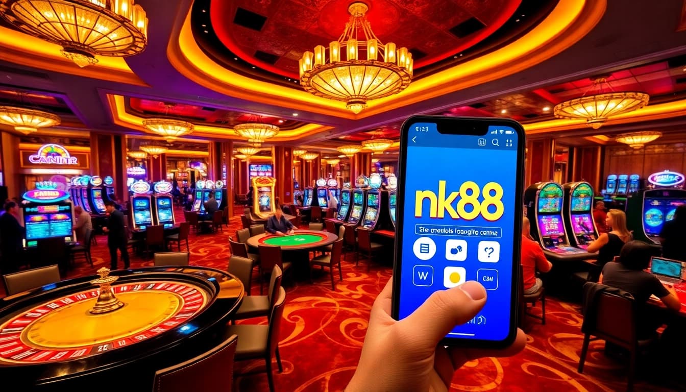 Players enjoying games at nk88.center in a vibrant casino atmosphere with roulette and slot machines.