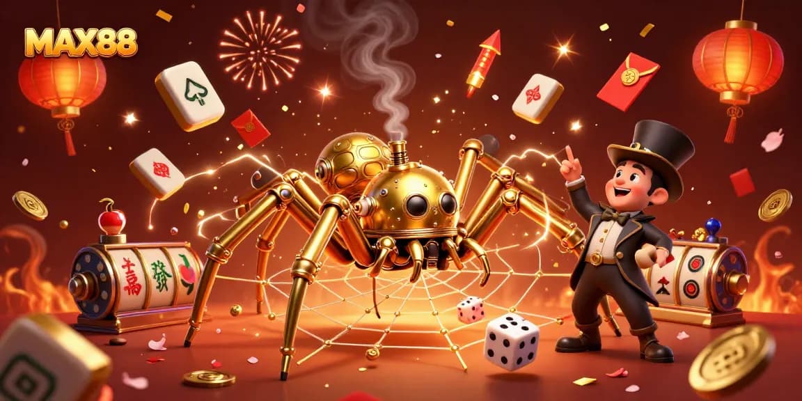 MAX88 showcases a dynamic gambling scene with a golden spider and festive casino elements.