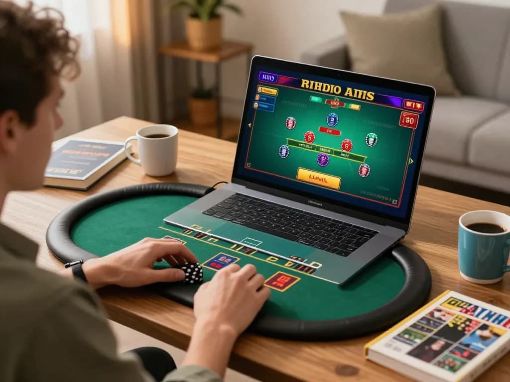 Player enjoying a thrilling blackjack game on king33 platform from a cozy home setup, engaging with live dealer.