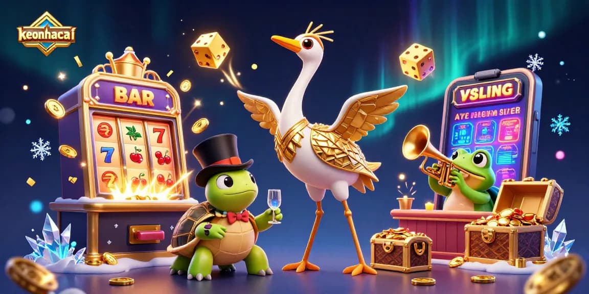 Engage with keonhacai's vibrant slot scene featuring a speakeasy crane, turtle, and frog amid jackpot excitement.