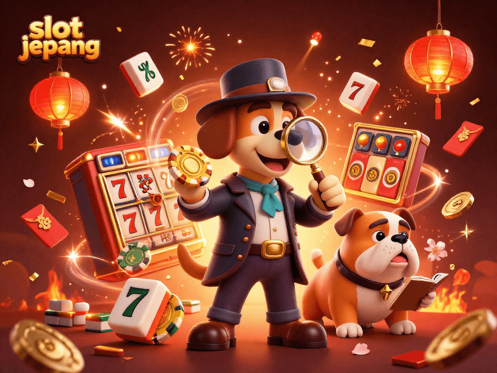 Experience slot jepang action as a cartoon detective investigates poker chips amidst vibrant casino elements