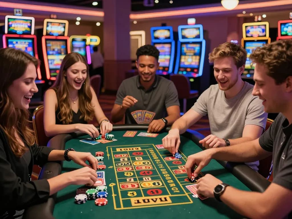 Friends celebrating at a vibrant Toto 4D gaming table, capturing the excitement of gambling at tot88.