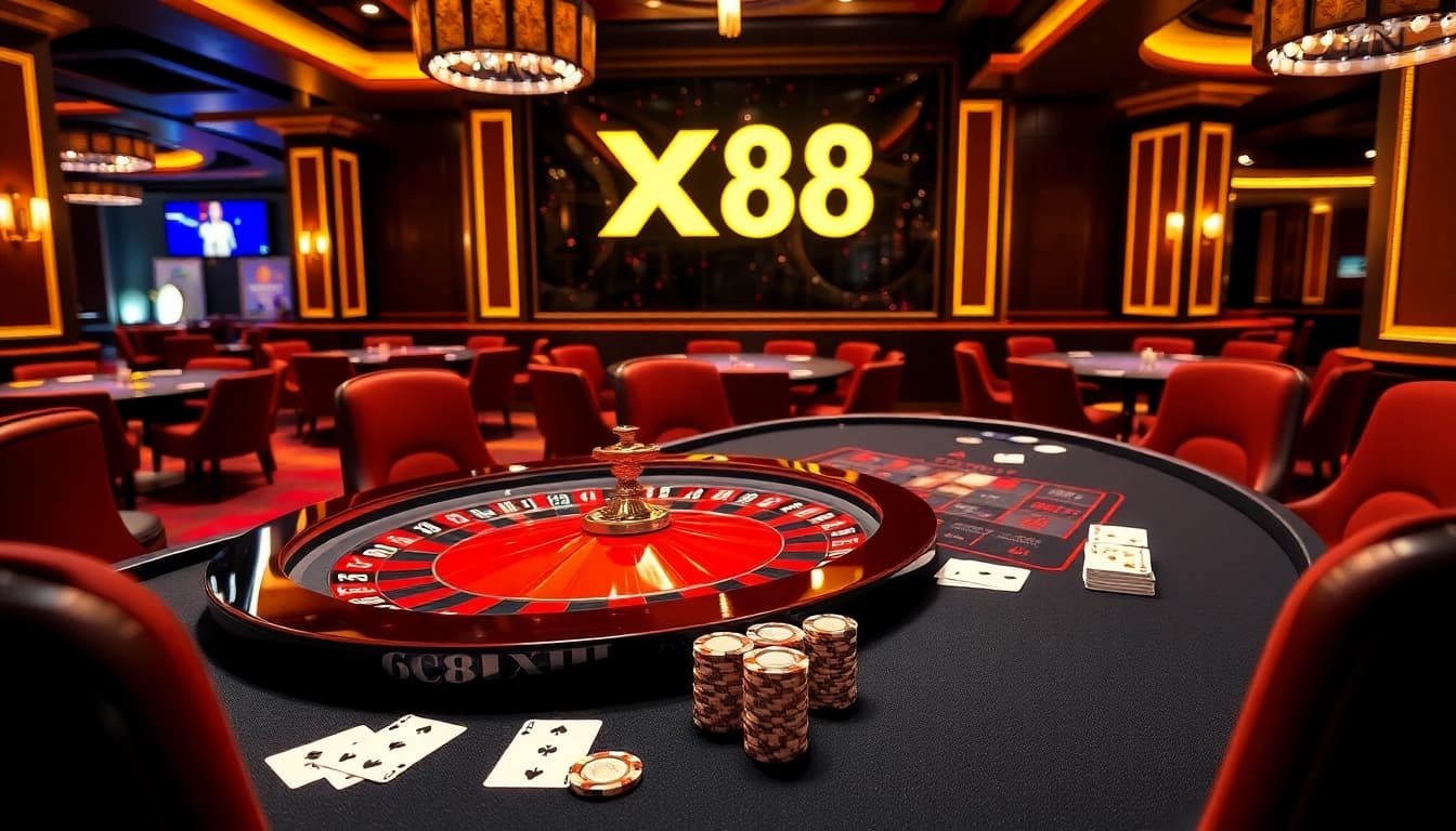 X88 casino table showcasing roulette, poker chips, and playing cards in a luxurious setting