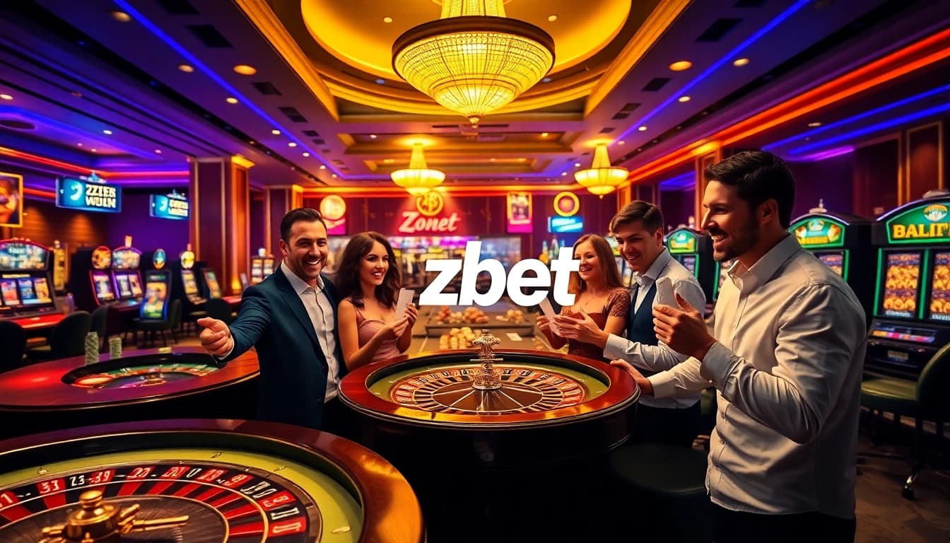 Players enjoying a vibrant gaming experience at zbet casino, surrounded by roulette wheels and slot machines.