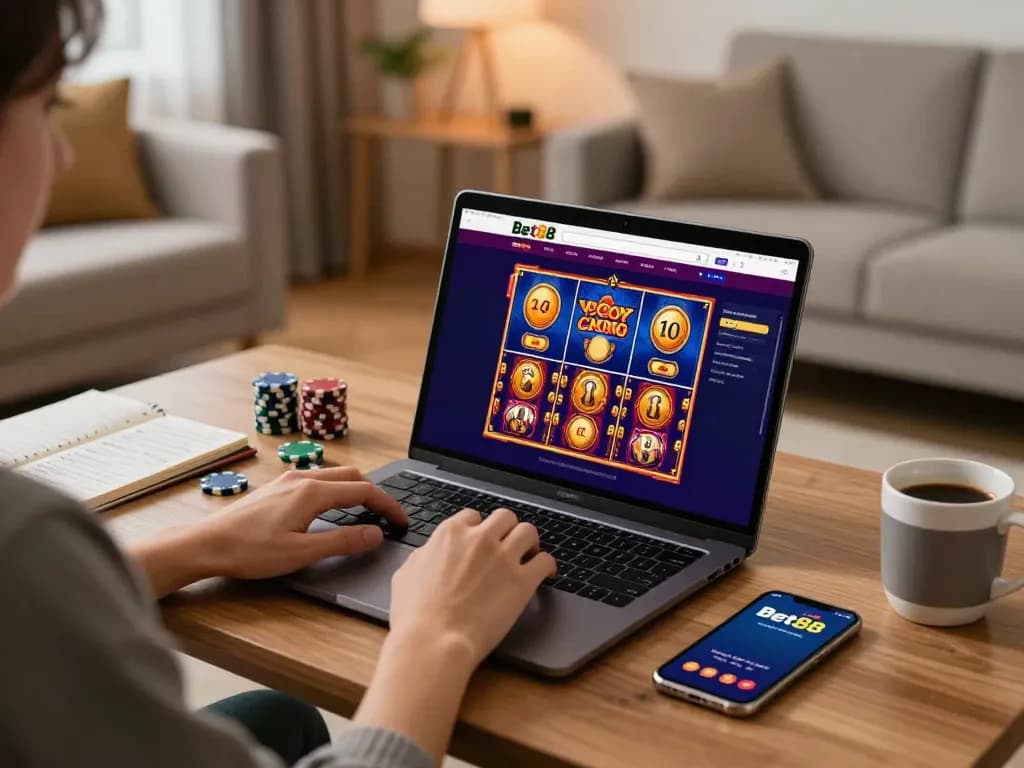 Person playing on Bet88 casino interface at home, surrounded by chips and strategy notes.
