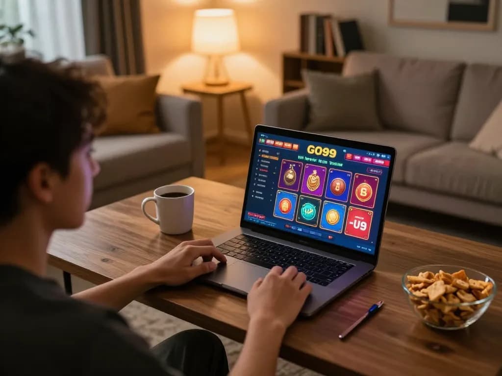 Engaging user playing GO99 online casino on laptop in a cozy home setting.