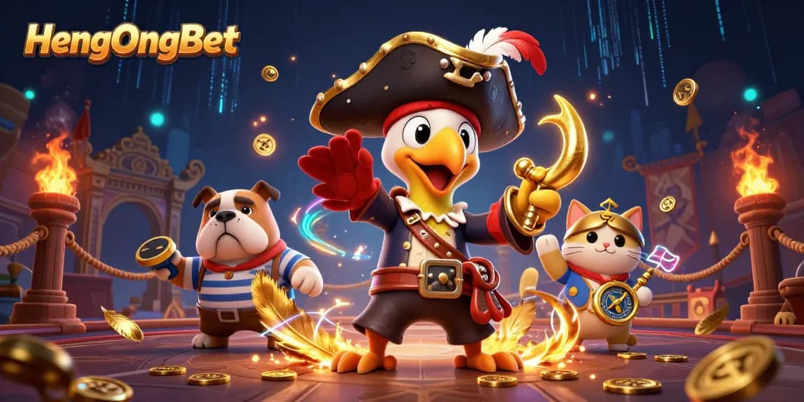 Engage with thrilling HengOngBet scenes, featuring a pirate captain parrot, bulldog, and ship's cat amidst vibrant casino elements.