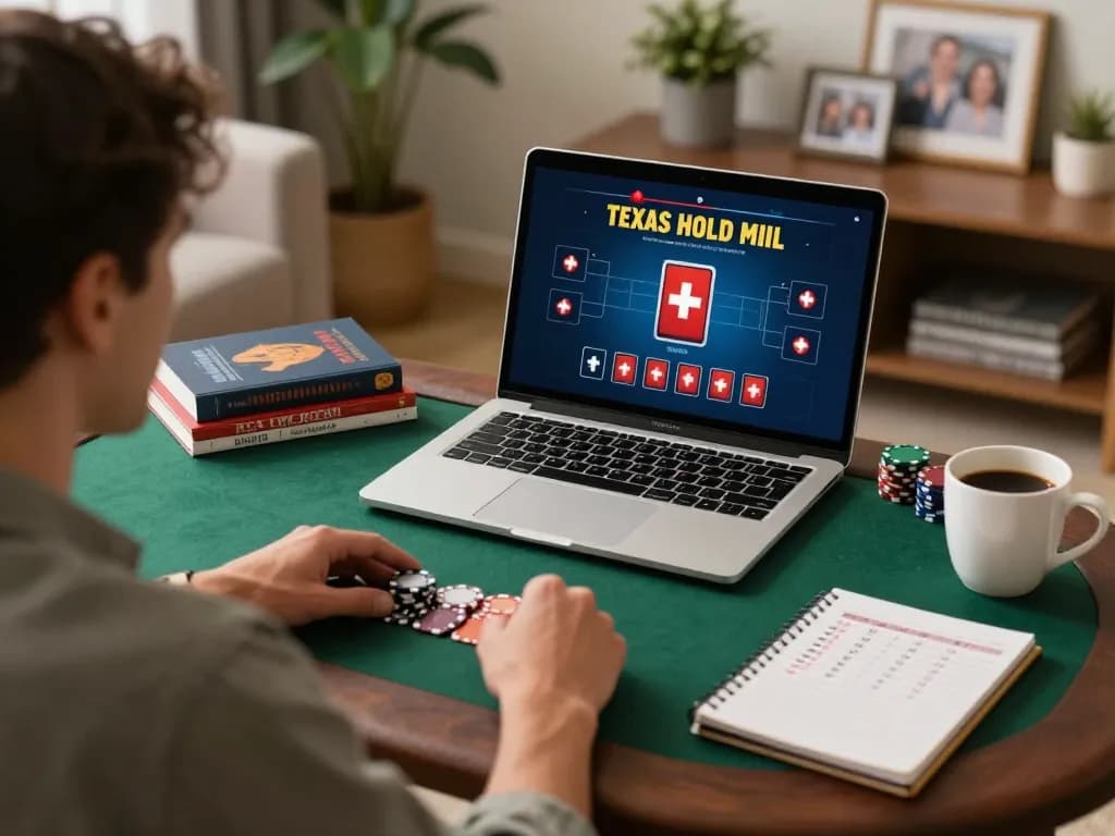 Engaging online poker gameplay at Jun88 in a cozy home environment with strategic notes.
