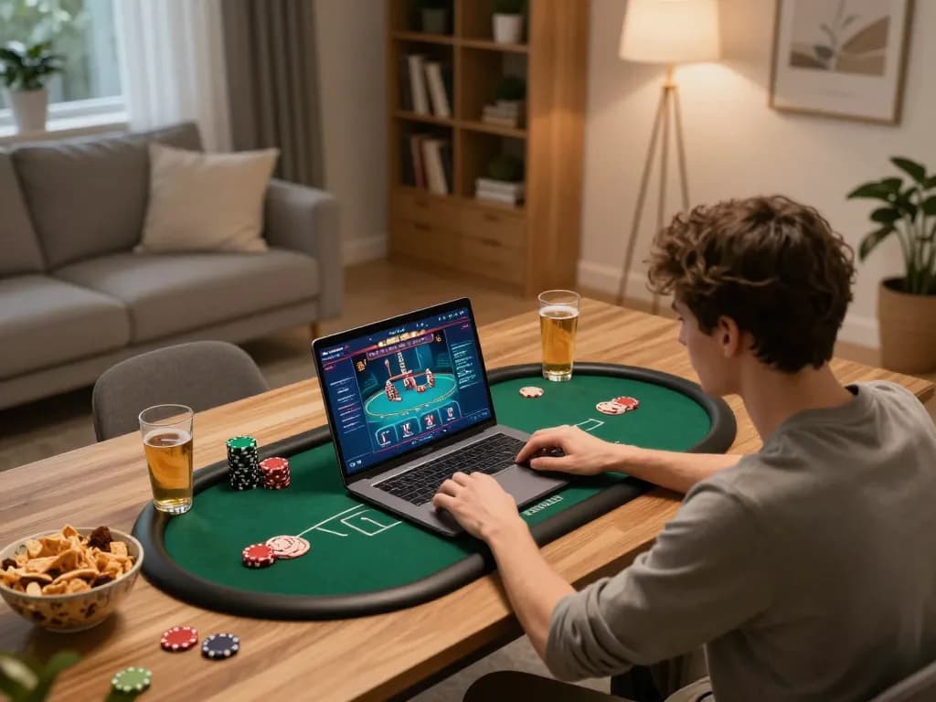 Player engaging in online gambling at home using tg88 platform, showcasing a cozy setup with laptop and snacks.