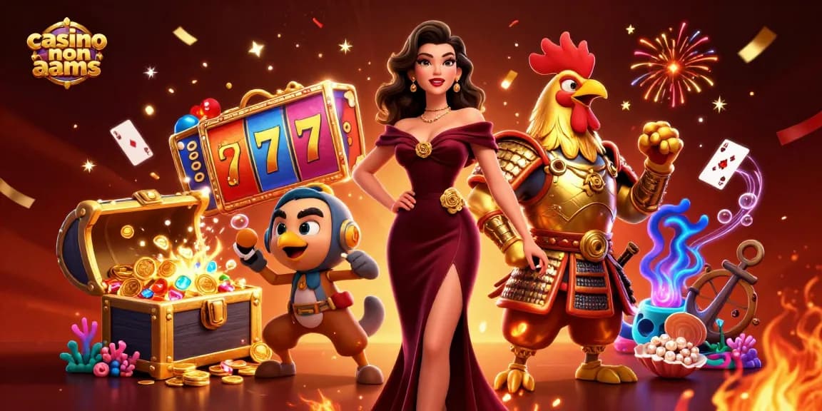 Immergiti nell'atmosfera vivace di un casino non AAMS con una scena glamour che presenta una signora elegante e un gallo samurai dorato tra rulli di slot e tesori vibranti.