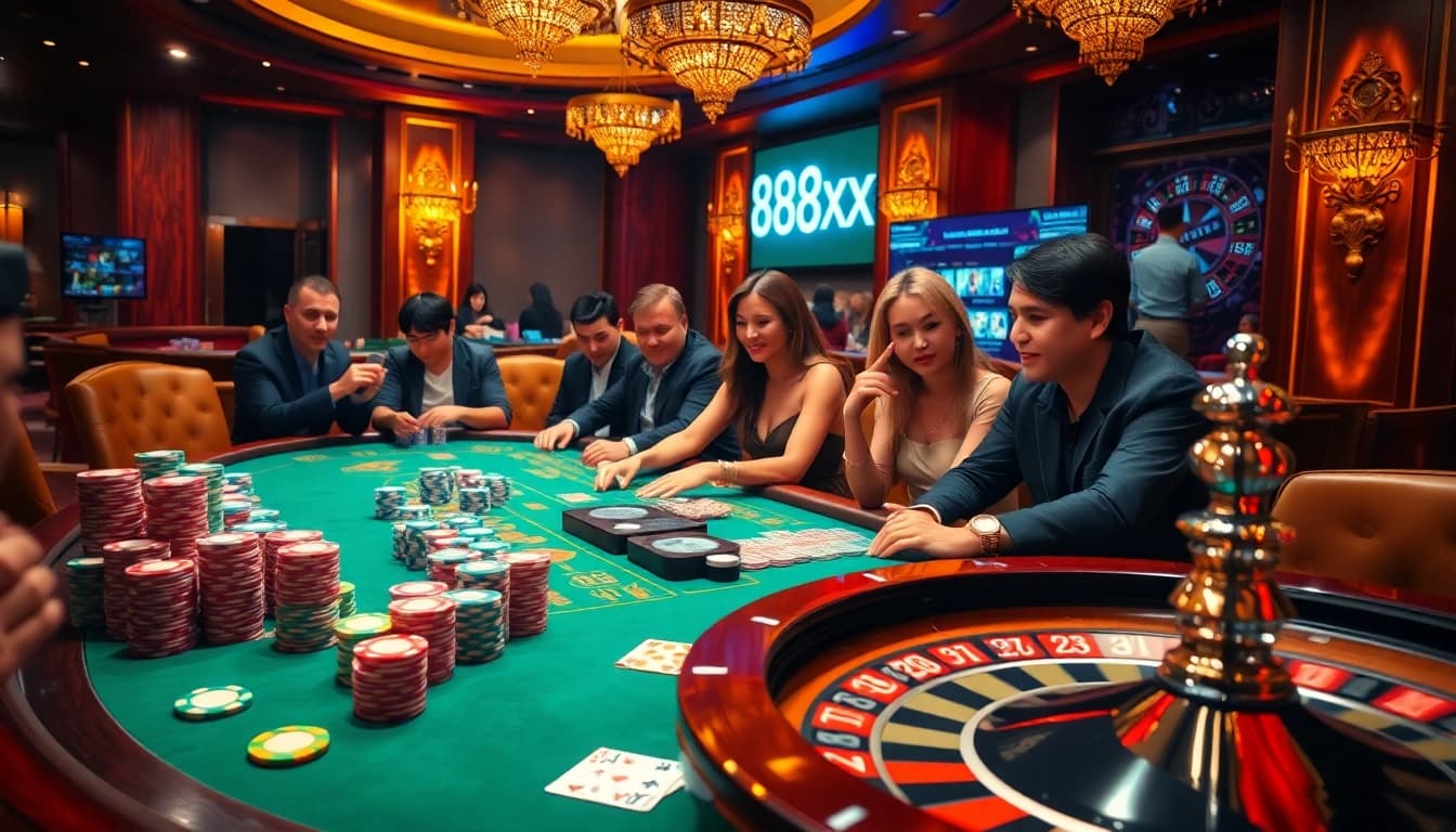 Players enjoying a thrilling casino game at 88xx with colorful chips and vibrant cards.
