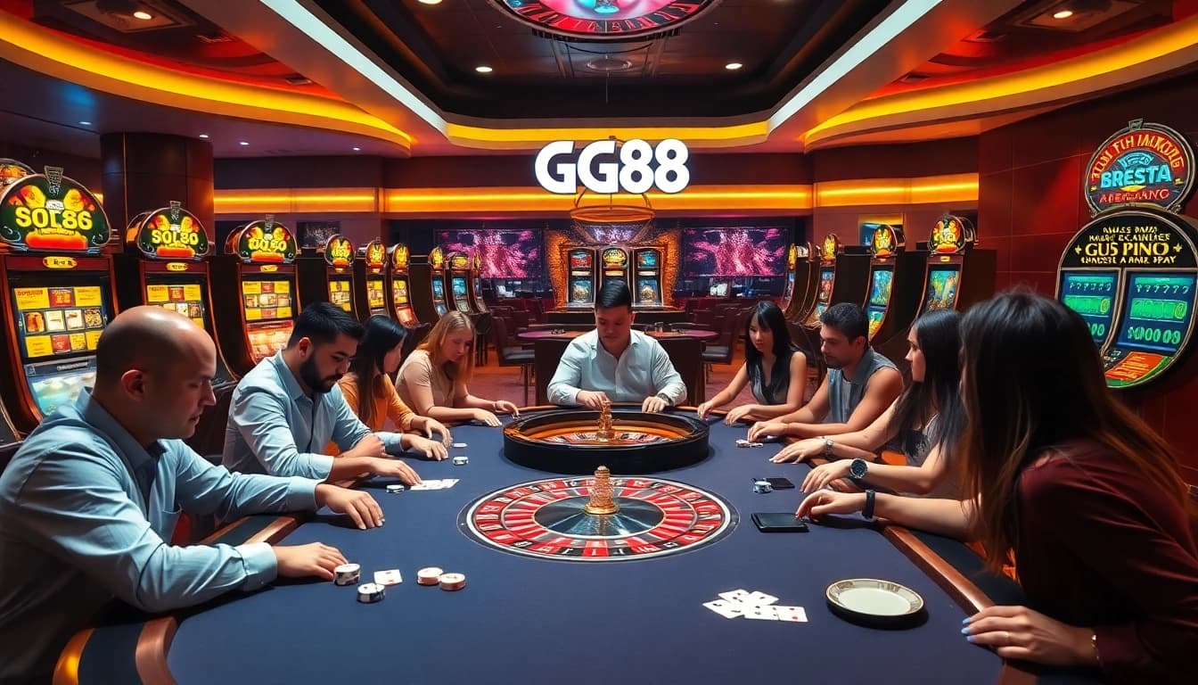 Engage with thrilling games at GG88, featuring a luxurious casino table and vibrant atmosphere.