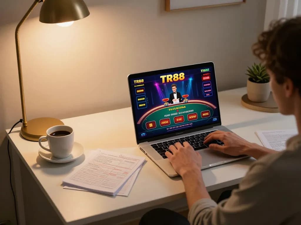 Player engaging in live TR88 casino gaming at home laptop, showcasing a strategic setting for responsible gambling.