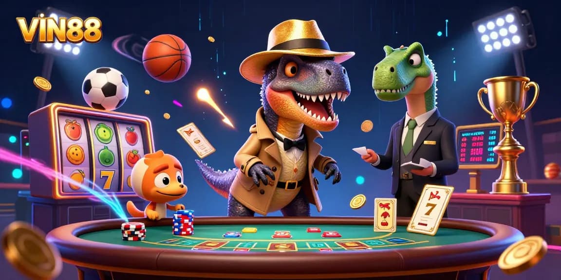 Experience thrilling gameplay at VIN88 with animated velociraptor card counter and action-packed casino elements.