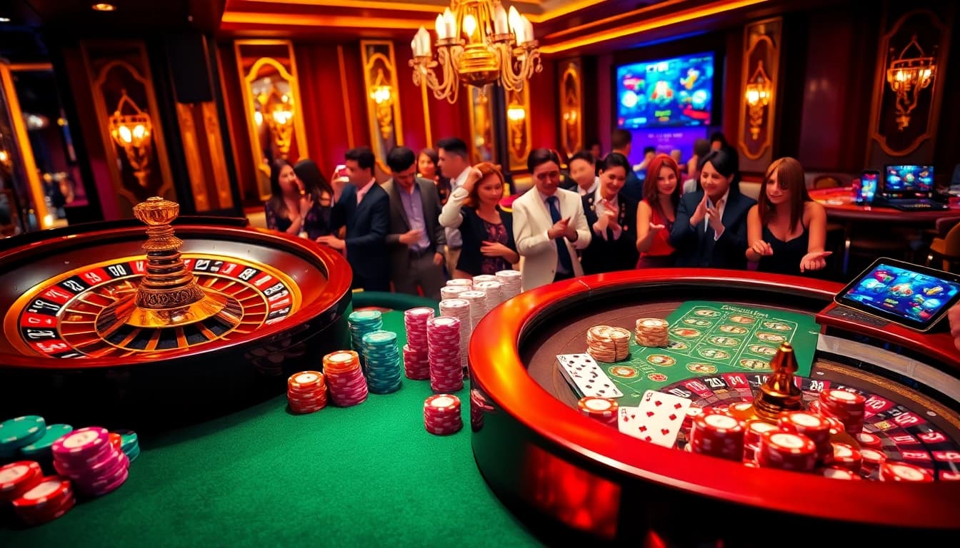 Experience the thrill of online gambling with Hitclub tải game amidst a dynamic casino atmosphere.