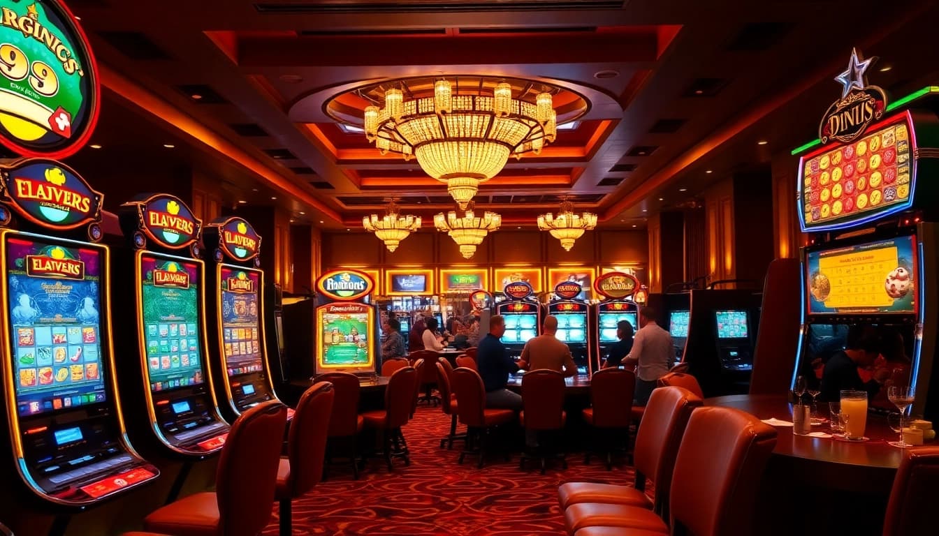 Pemain terlibat dengan mesin slot berwarna-warni di kasino mewah, menyoroti pengalaman permainan slot yang menarik.