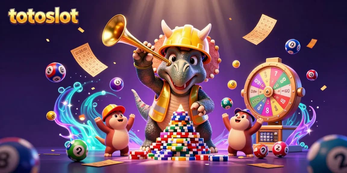 Engage with totoslot through a vibrant illustration of triceratops building a chip pyramid in a celebratory scene.