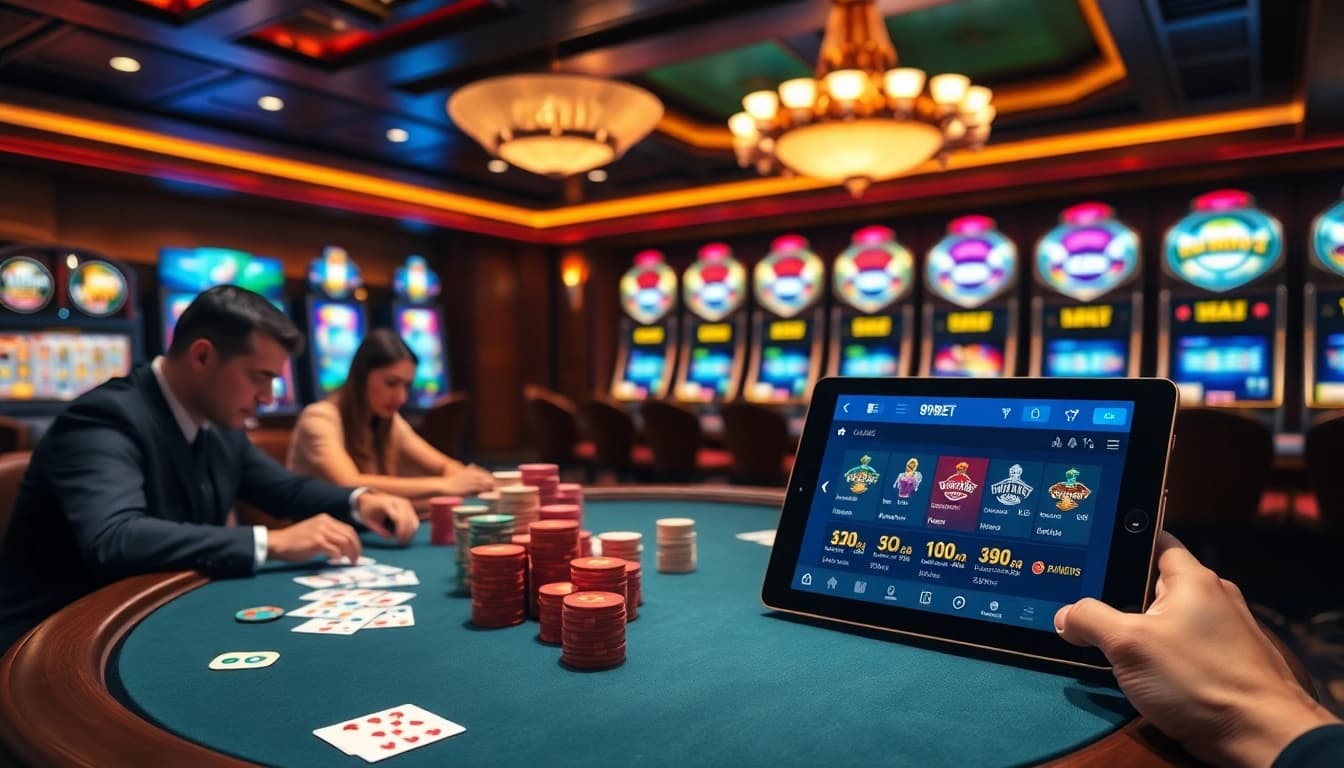 Players engaging in a professional poker game at 999BET, surrounded by vibrant slot machines.
