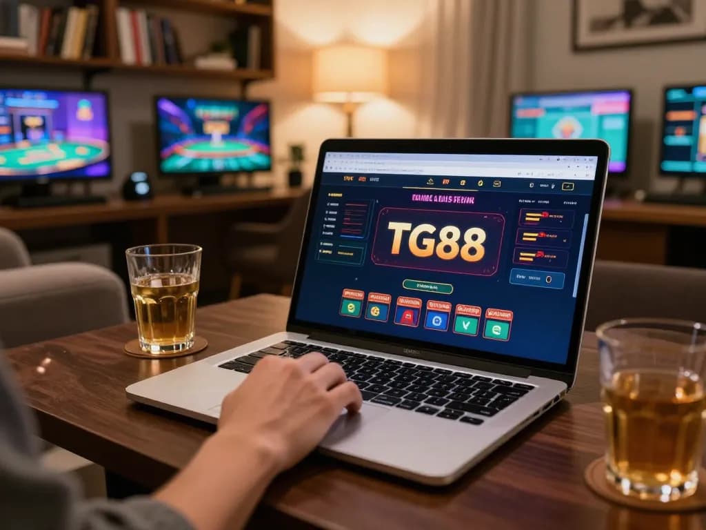 Player engaging in online gaming at TG88 casino setup, with laptop and cozy interior atmosphere.