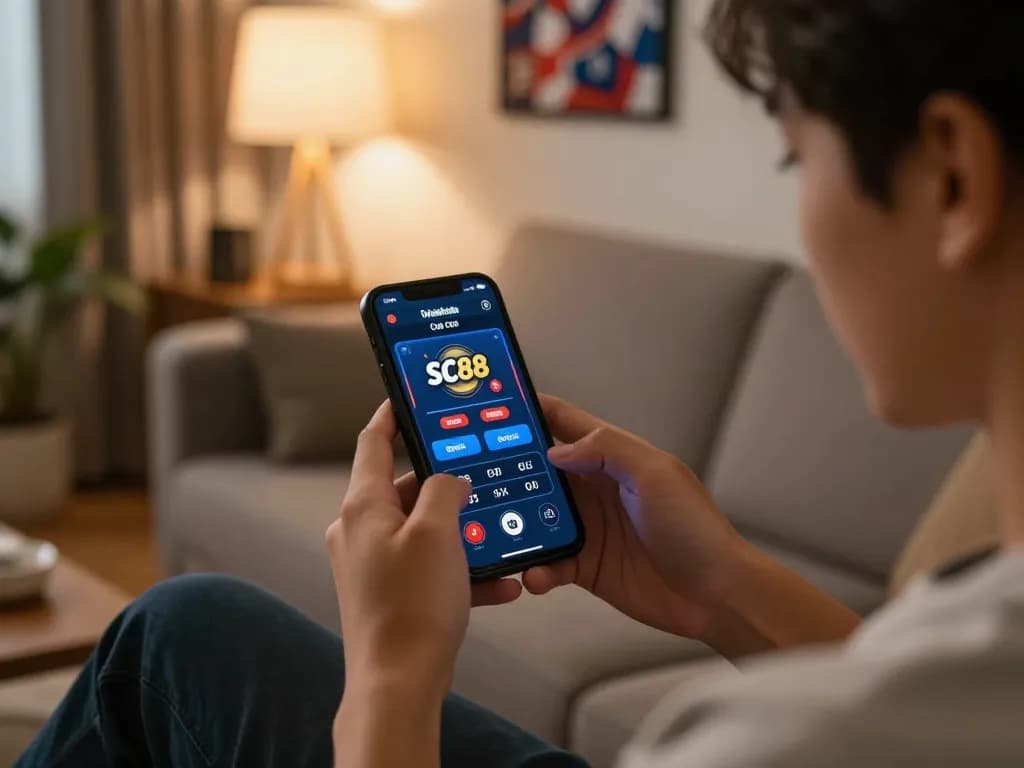 Engaging with the SC88 Com mobile app for online betting in a cozy home setting.
