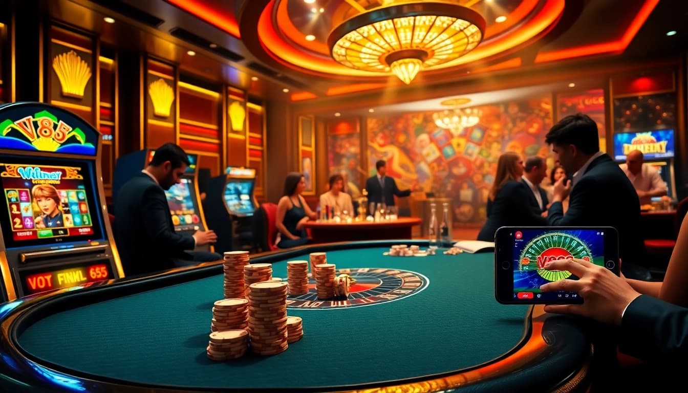 Experience a thrilling game with vn88 at a luxurious casino table featuring poker chips and slot machines.