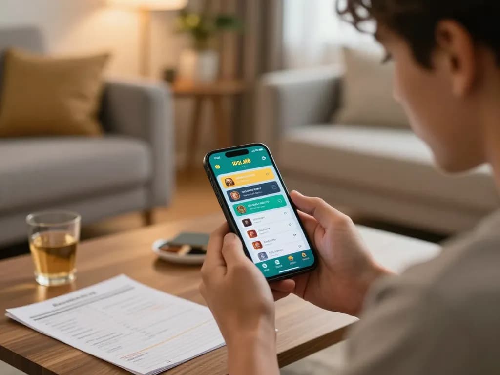 Pemain menggunakan aplikasi IDOLA88 untuk perjudian online, terlibat dalam permainan strategis di rumah.