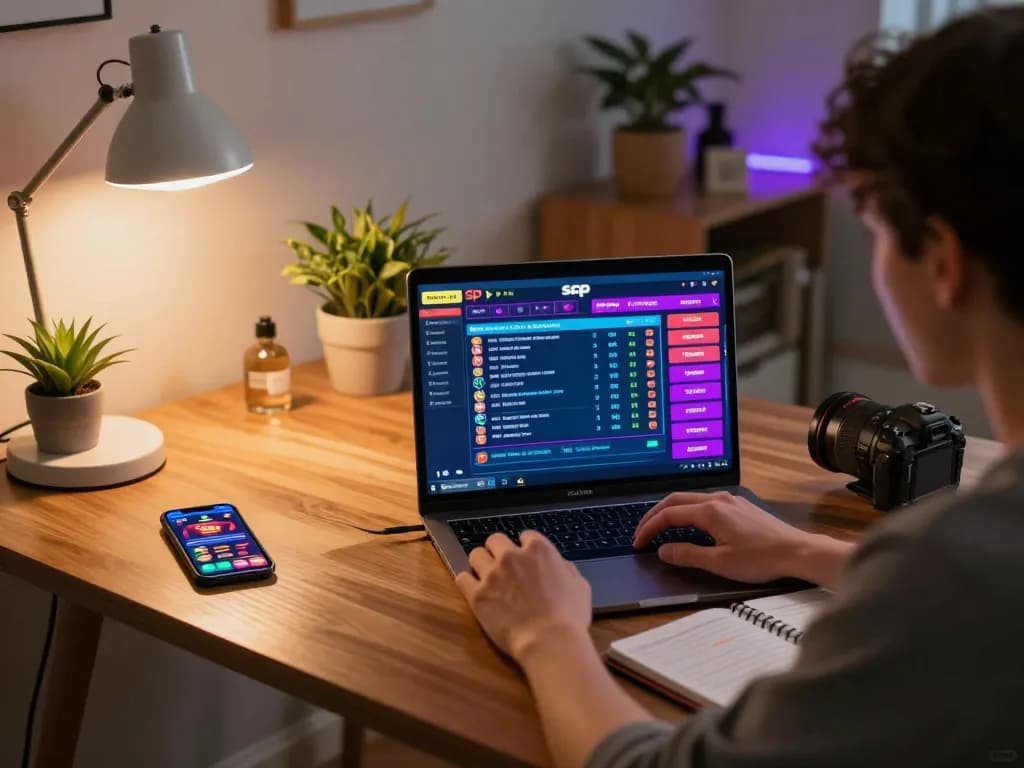Engaging moment of a player analyzing data sgp for Togel online, showcasing a home gaming setup with laptop and strategy notes.