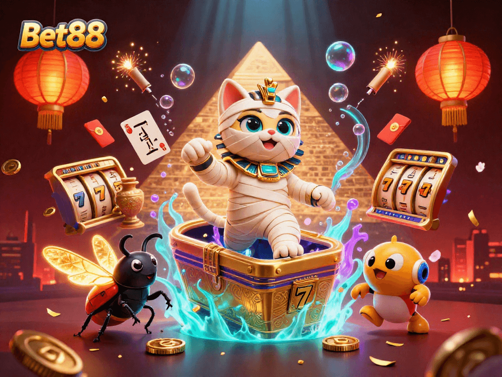 Bet88 features a lively 3D illustration of a mummy cat in a pyramid casino amidst vivid symbols of slots and ancient treasures.