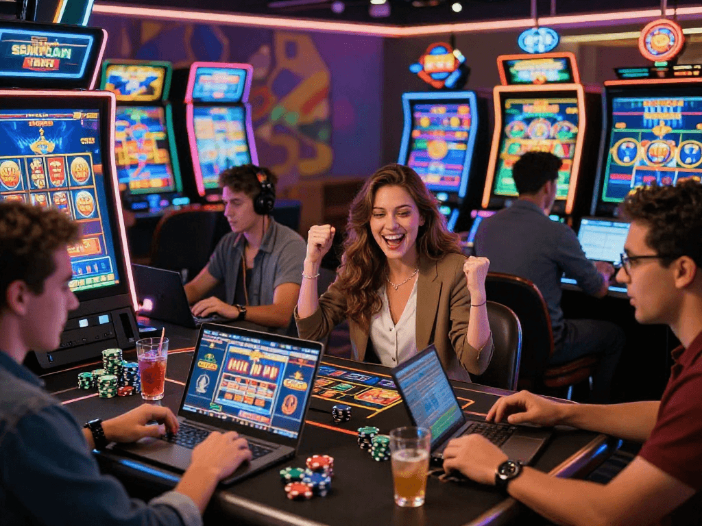 US casinos for UK players enjoying exciting online games with jackpot celebrations in a vibrant digital casino setting