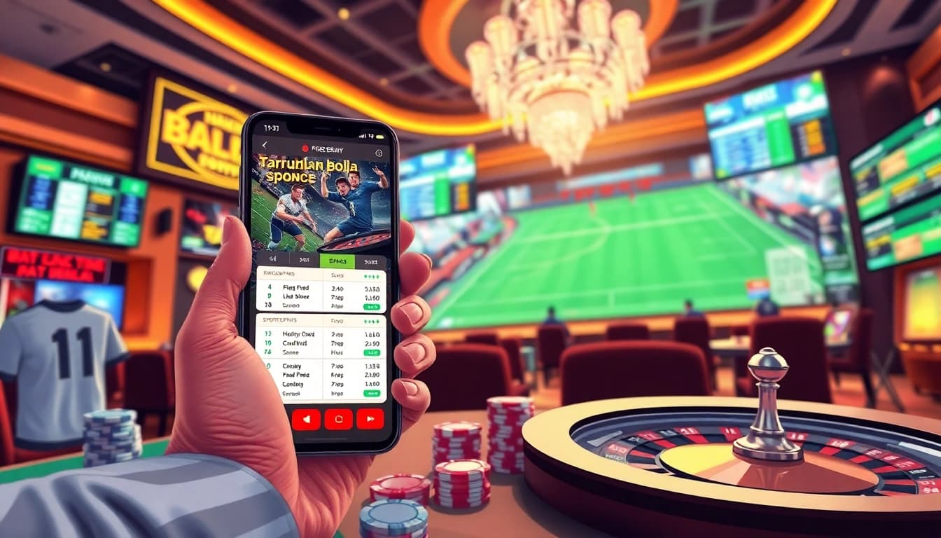 Exciting online sports betting scene featuring Taruhan Bola on a modern smartphone.