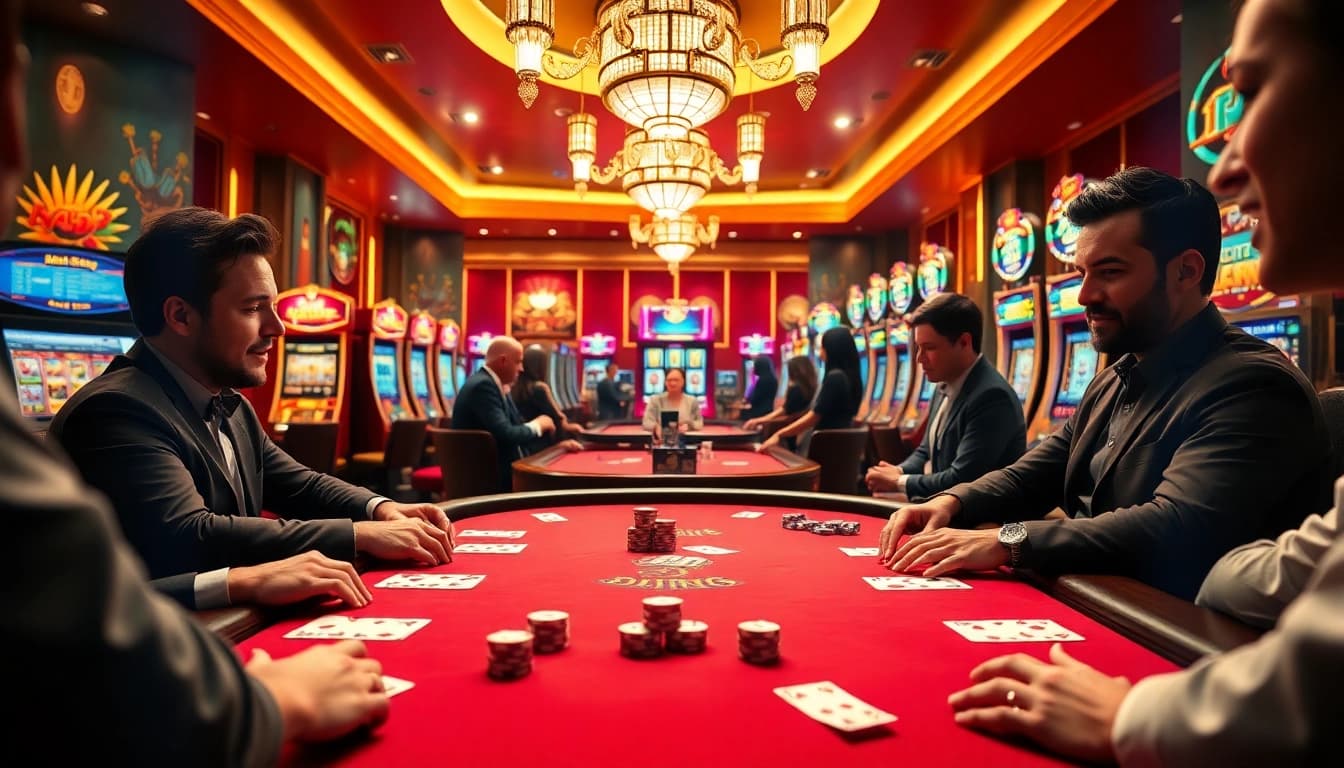 Players enjoying an exciting poker game at win678 casino table.