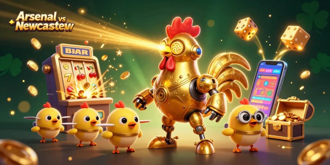 Visualisasi menarik Arsenal vs Newcastle dengan karakter robot dan elemen kasino yang kaya